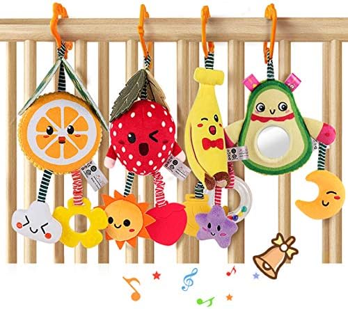 TUMAMA Baby Toys for 3 6 9 12 Months,Hanging Fruit Rattles Avocado,Banana,Orange and Strawberry,Stroller Mobile Toys,Plush Soft Rattles for Boys,Girls Christmas Gifts,4 Pack