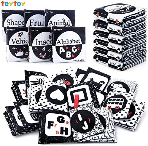 My First Soft Book,teytoy Nontoxic Fabric Baby Cloth Activity Crinkle Soft Black and White Book for Infants Boys and Girls Early Educational Toys Perfect for Baby Shower -Pack of 6